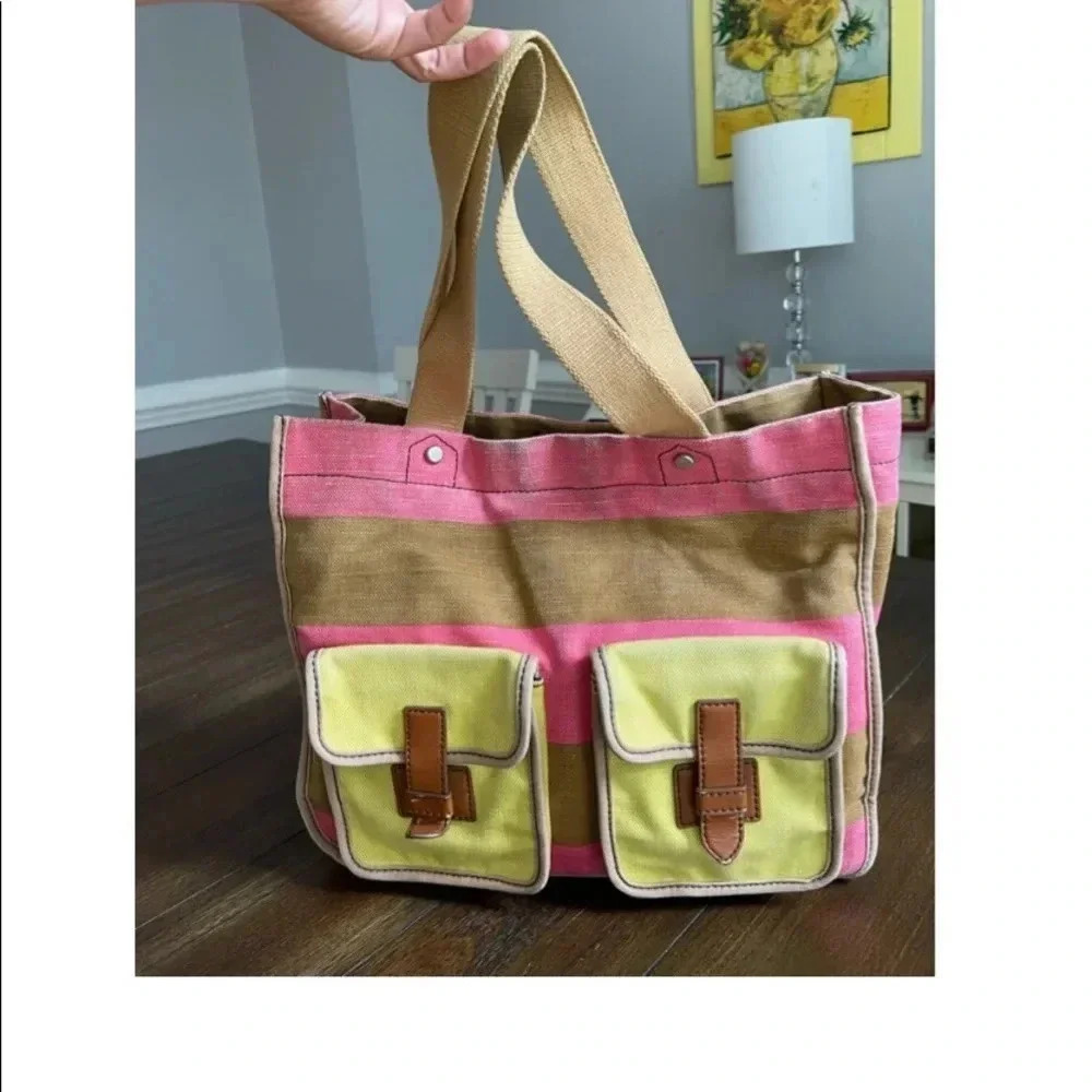 Fossil Canvas Tote in Pink, Yellow, Tan
